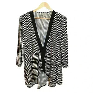Avenue Women's Open Front Blouse Black White Striped Long Sleeve Cover Up 22/24